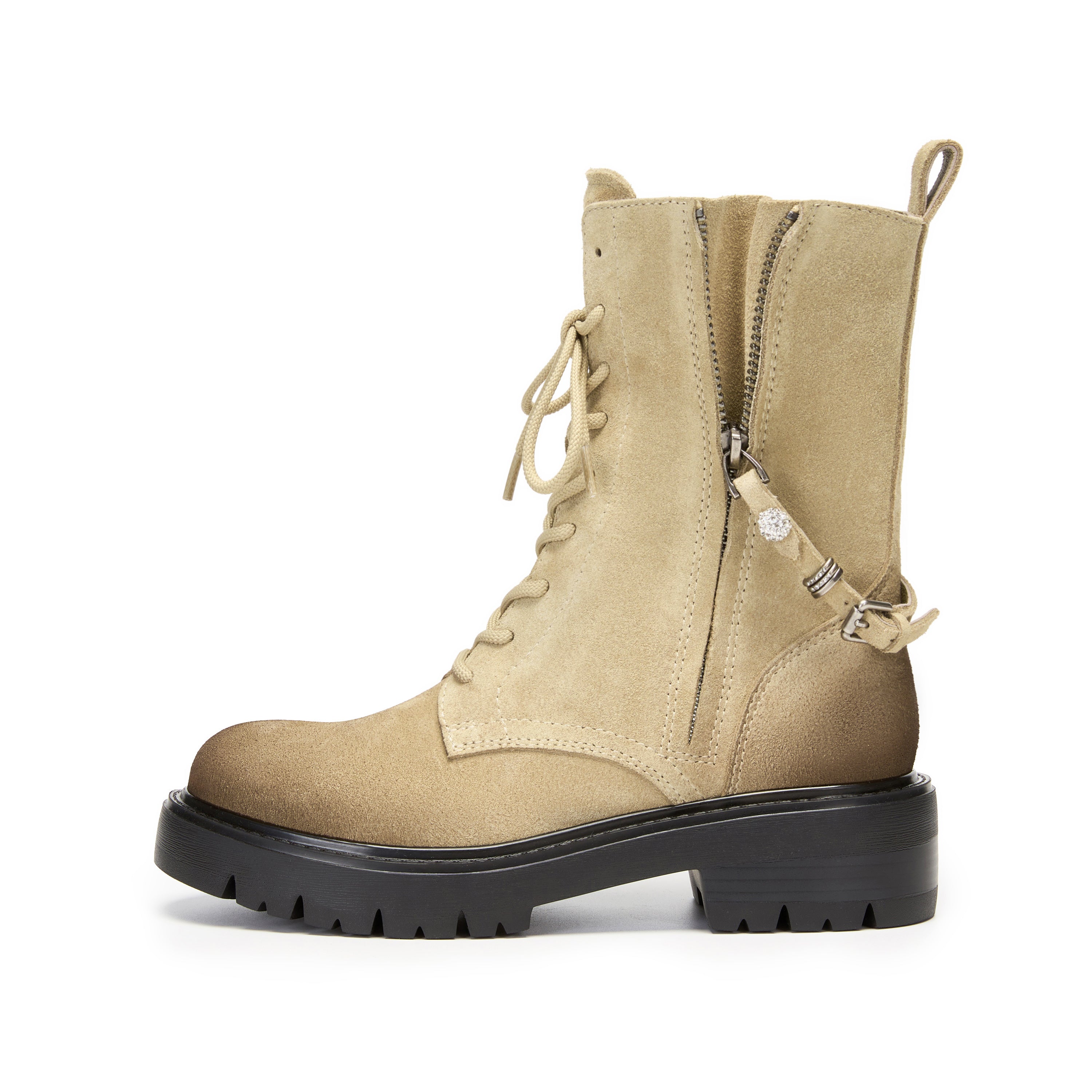 Taupe Suede Lace-Up Combat Boots with Side Zipper