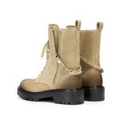Taupe Suede Lace-Up Combat Boots with Side Zipper