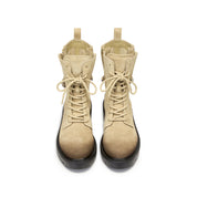 Taupe Suede Lace-Up Combat Boots with Side Zipper