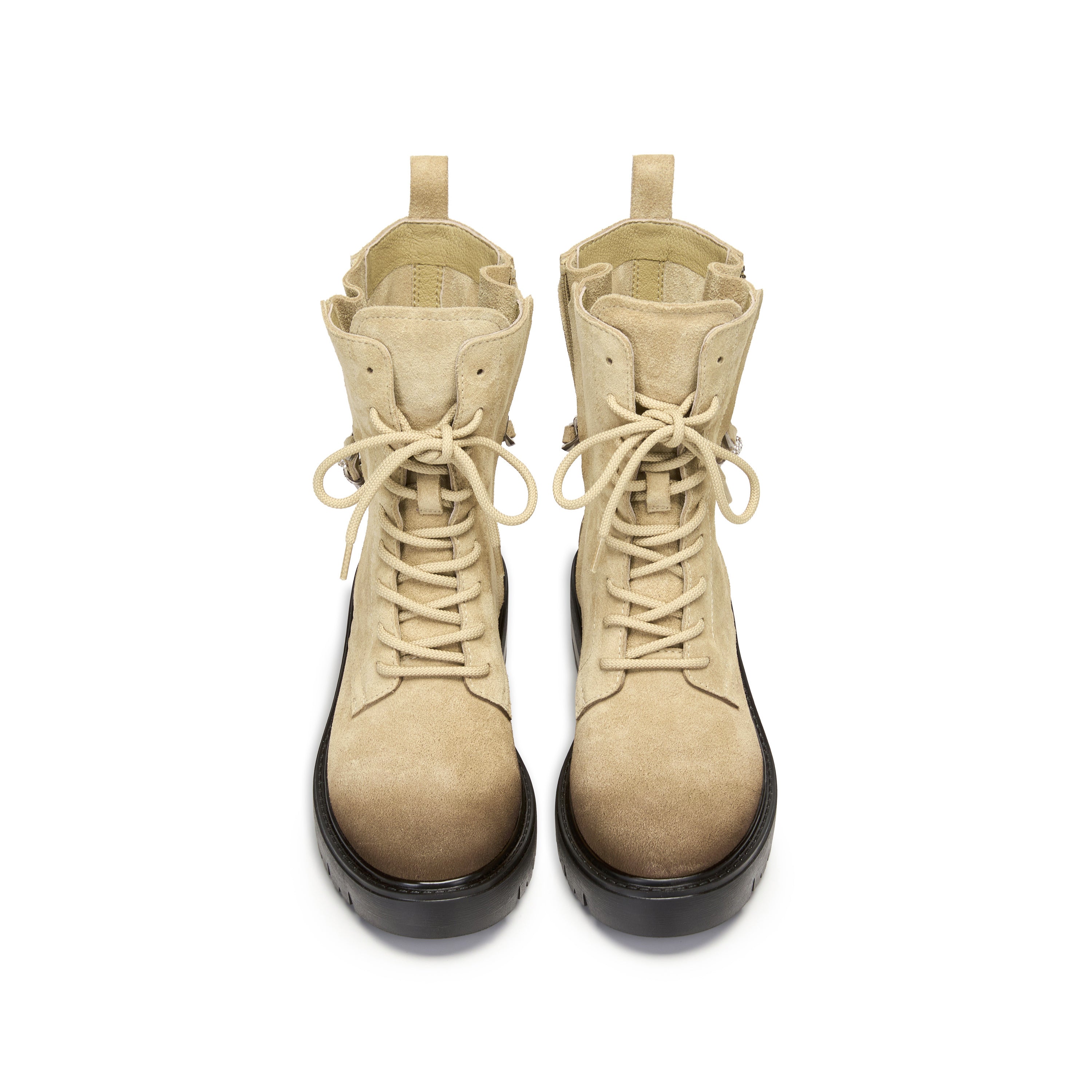 Taupe Suede Lace-Up Combat Boots with Side Zipper
