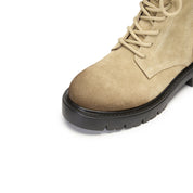 Taupe Suede Lace-Up Combat Boots with Side Zipper