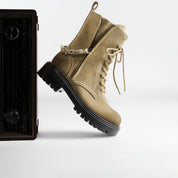 Taupe Suede Lace-Up Combat Boots with Side Zipper