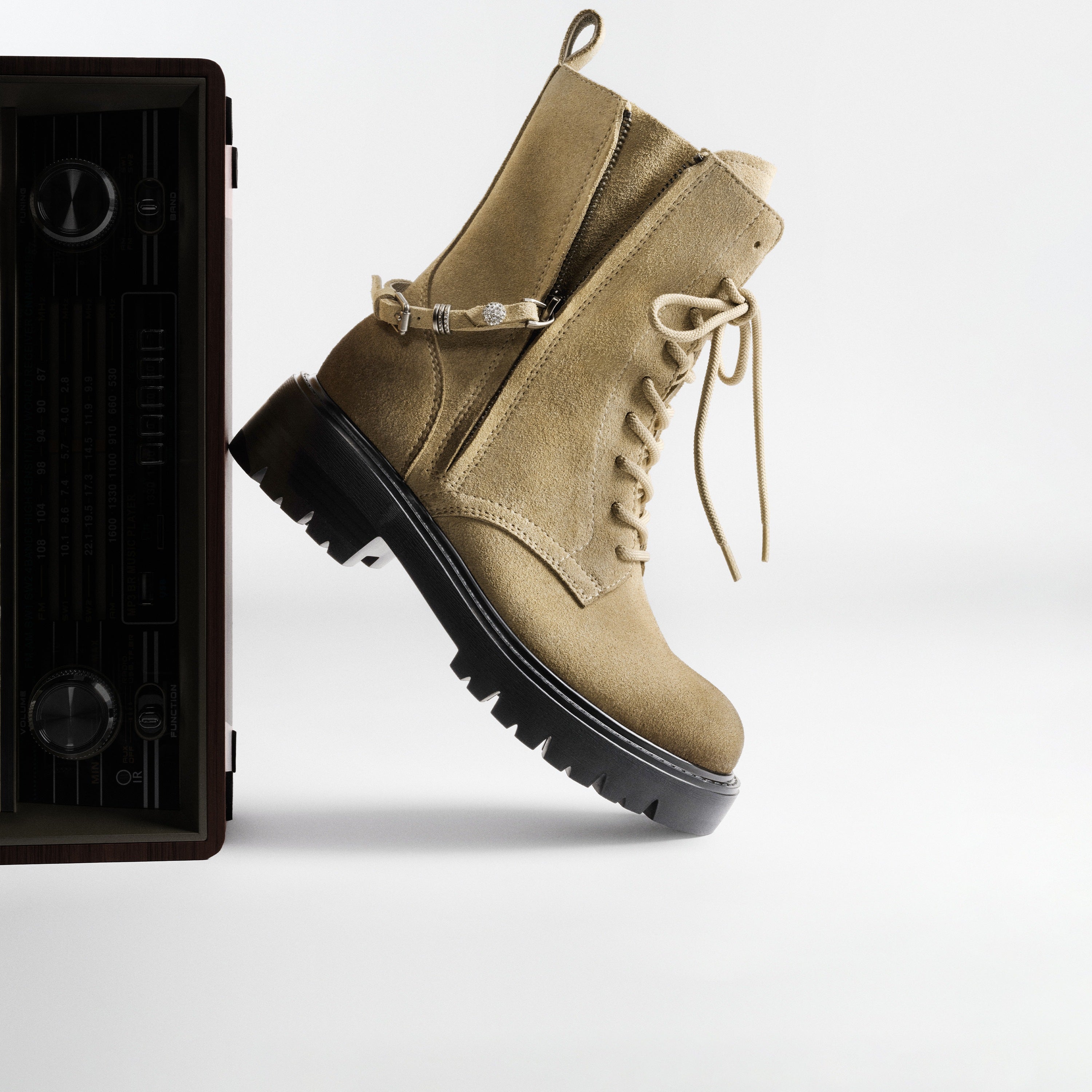 Taupe Suede Lace-Up Combat Boots with Side Zipper