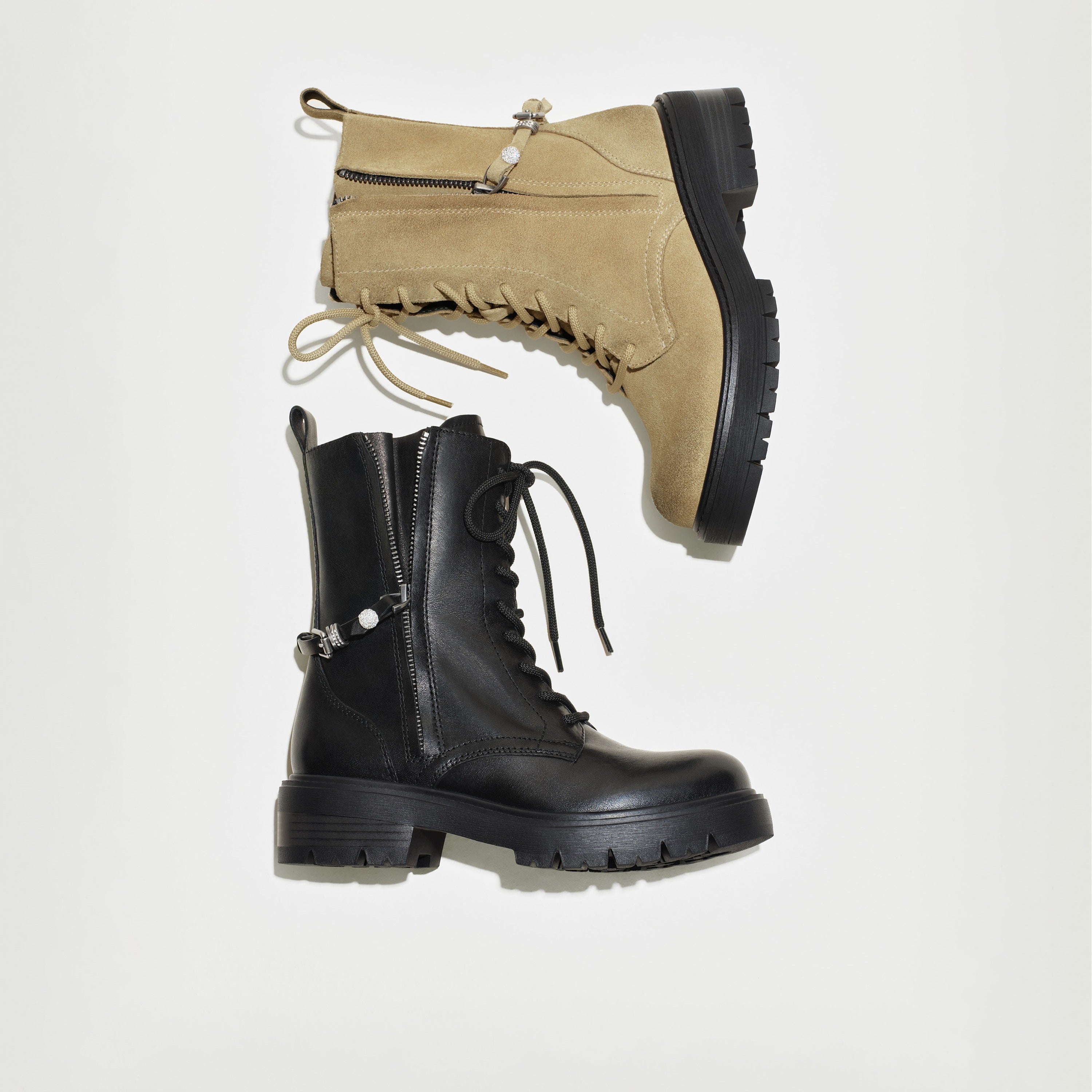 Taupe Suede Lace-Up Combat Boots with Side Zipper