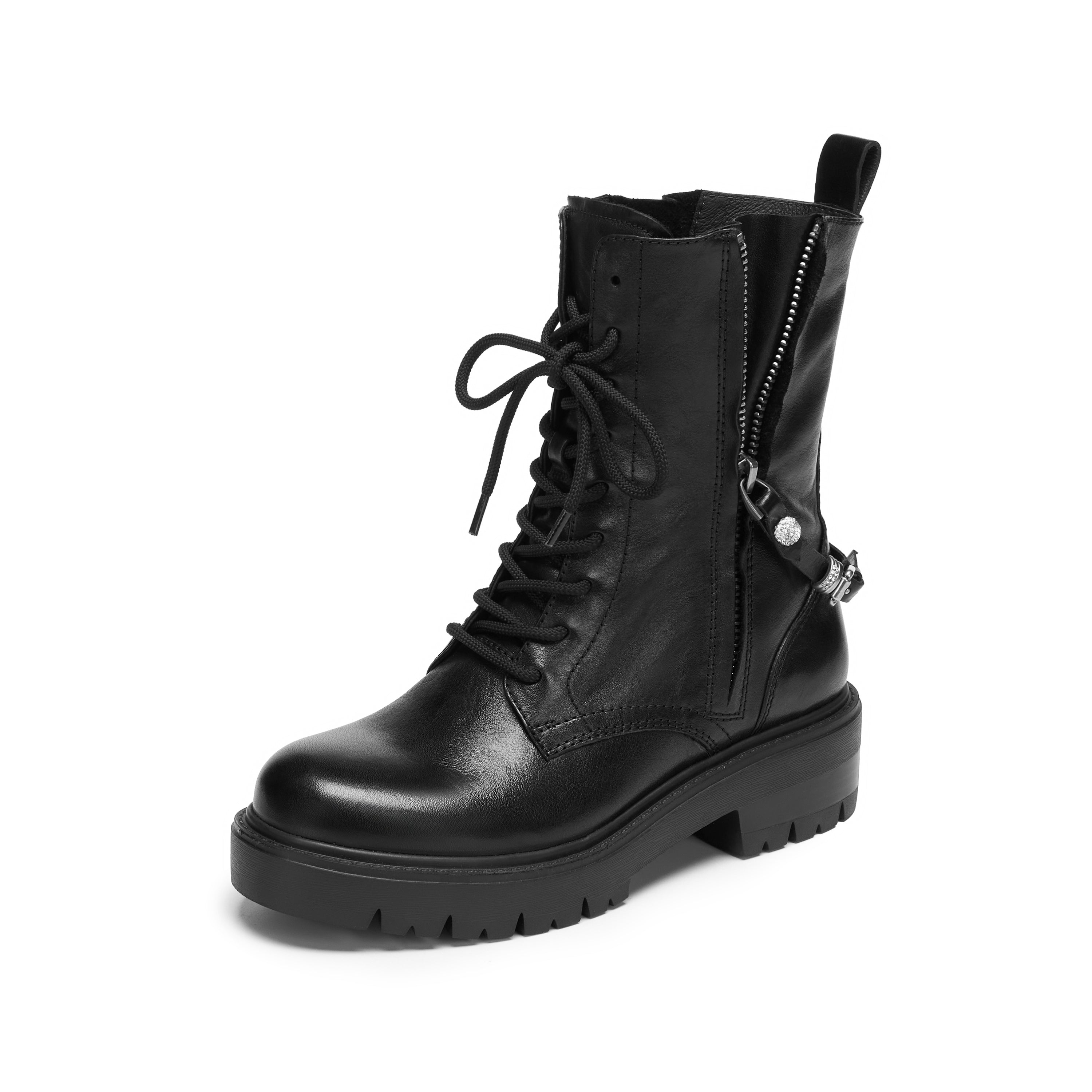 Black Leather Lace-Up Combat Boots with Side Zipper