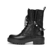 Black Leather Lace-Up Combat Boots with Side Zipper