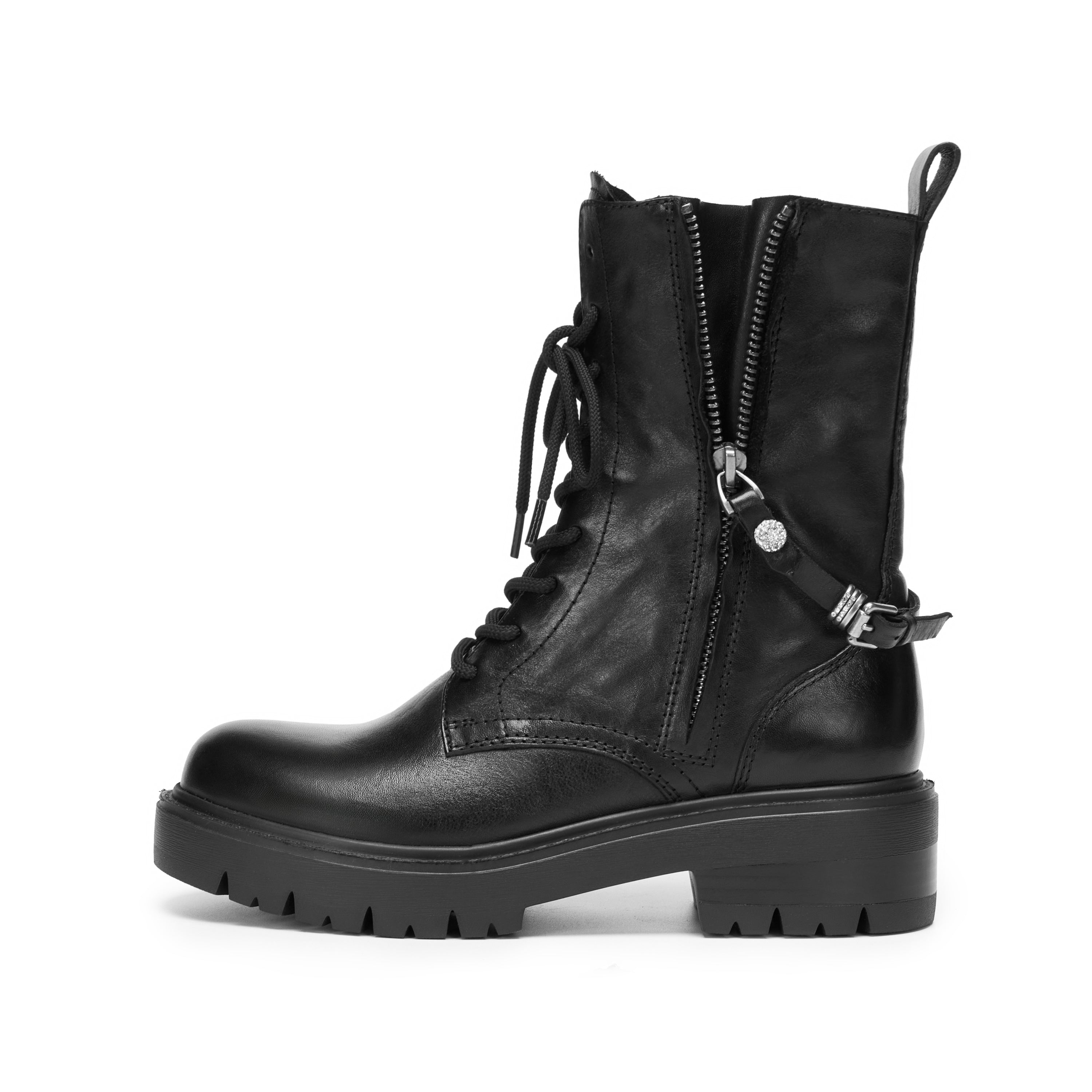 Black Leather Lace-Up Combat Boots with Side Zipper