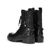 Black Leather Lace-Up Combat Boots with Side Zipper