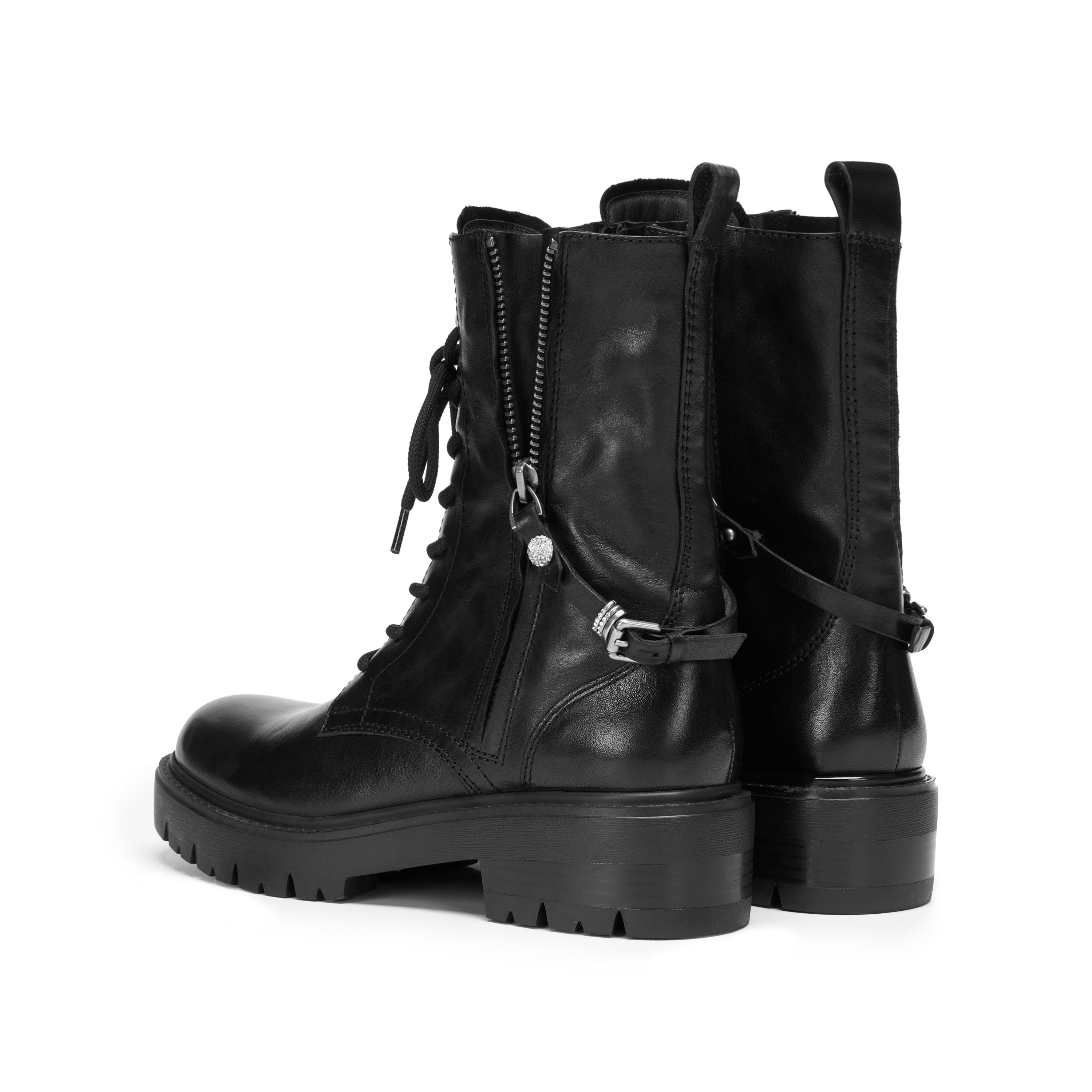 Black Leather Lace-Up Combat Boots with Side Zipper