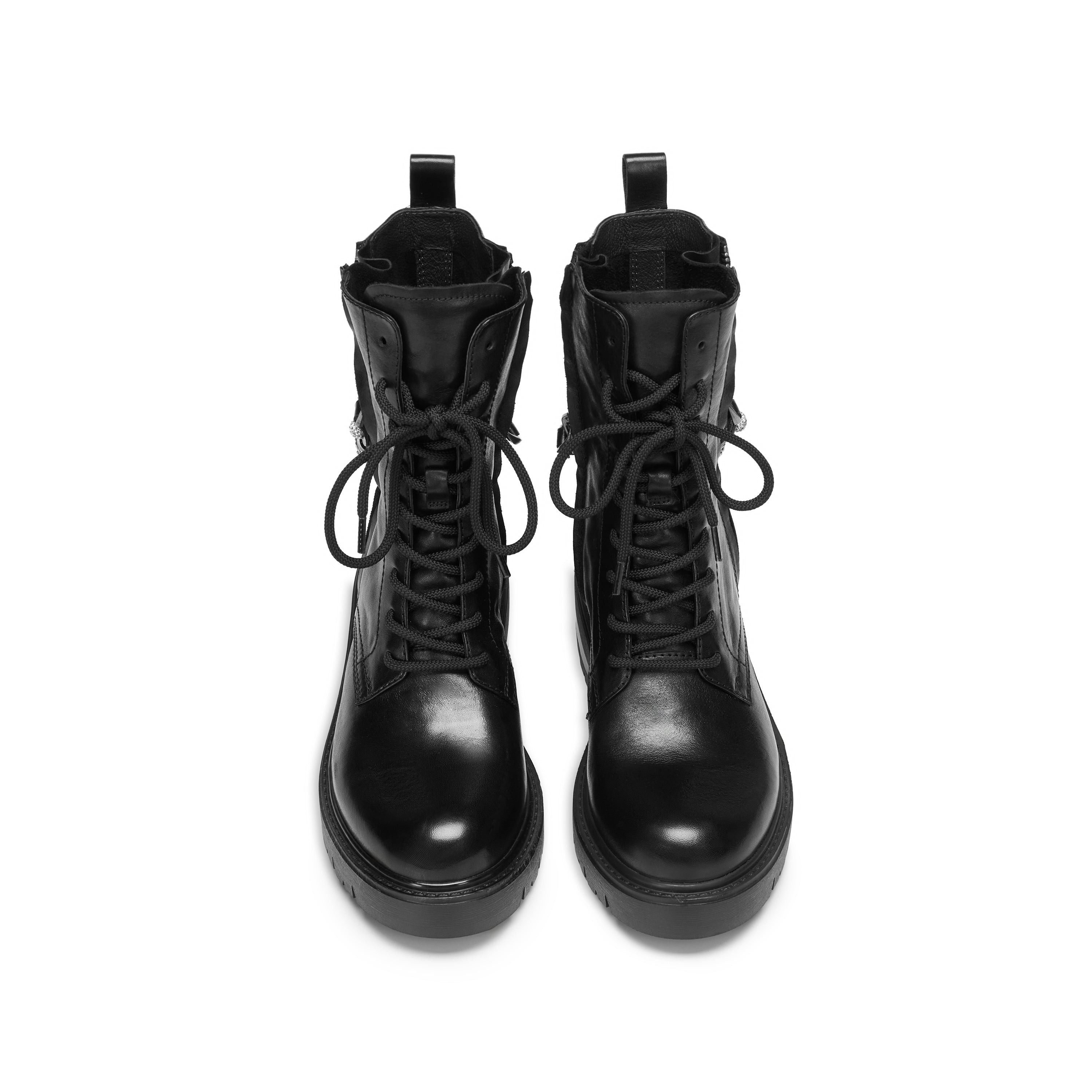 Black Leather Lace-Up Combat Boots with Side Zipper