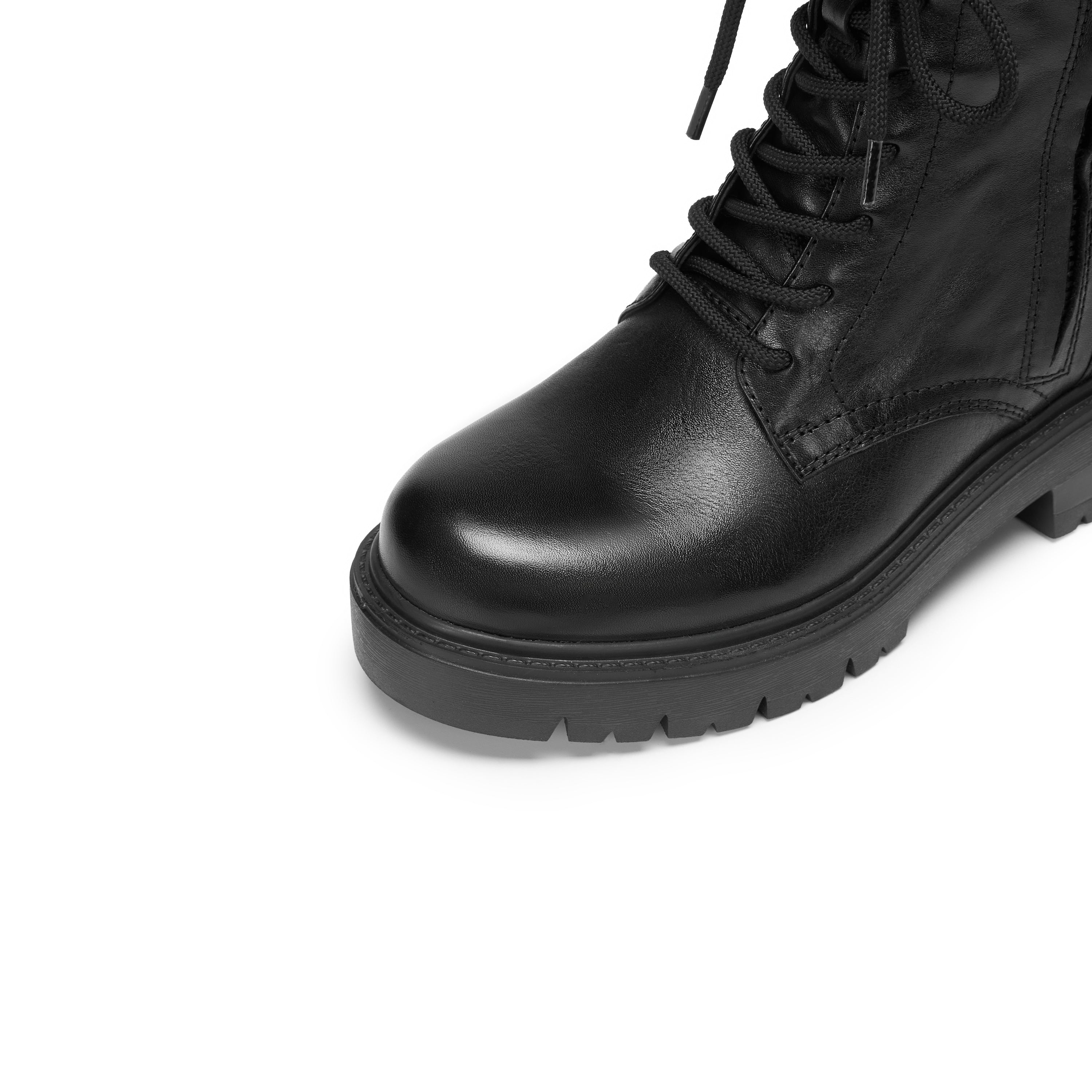 Black Leather Lace-Up Combat Boots with Side Zipper
