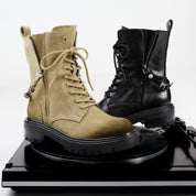 Black Leather Lace-Up Combat Boots with Side Zipper