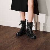 Black Leather Lace-Up Combat Boots with Side Zipper