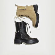 Black Leather Lace-Up Combat Boots with Side Zipper