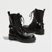 Black Leather Lace-Up Combat Boots with Side Zipper