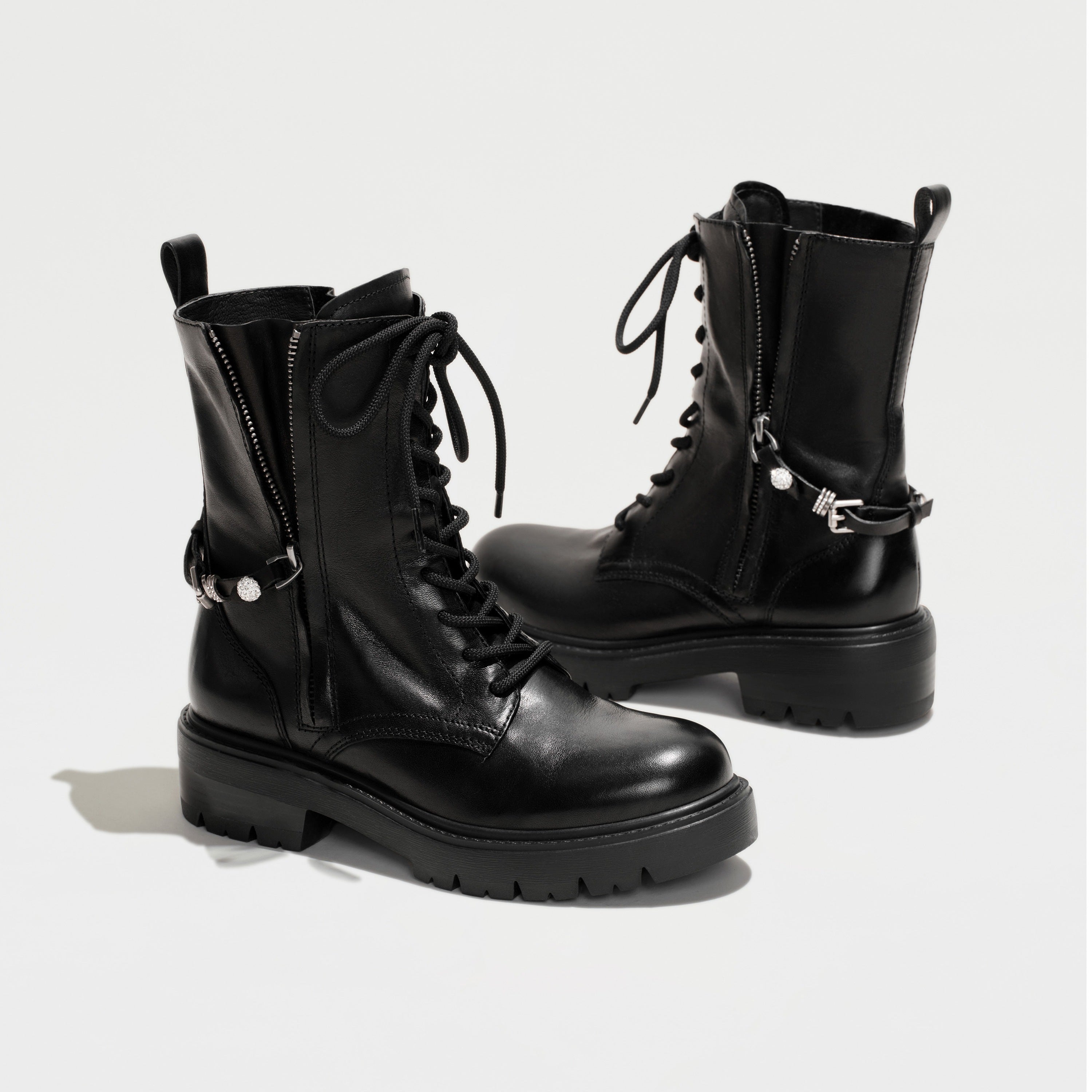 Black Leather Lace-Up Combat Boots with Side Zipper