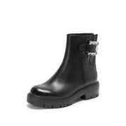 Black Leather Crystal Buckle Lug Sole Ankle Boots