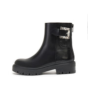 Black Leather Crystal Buckle Lug Sole Ankle Boots