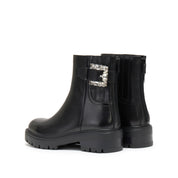 Black Leather Crystal Buckle Lug Sole Ankle Boots
