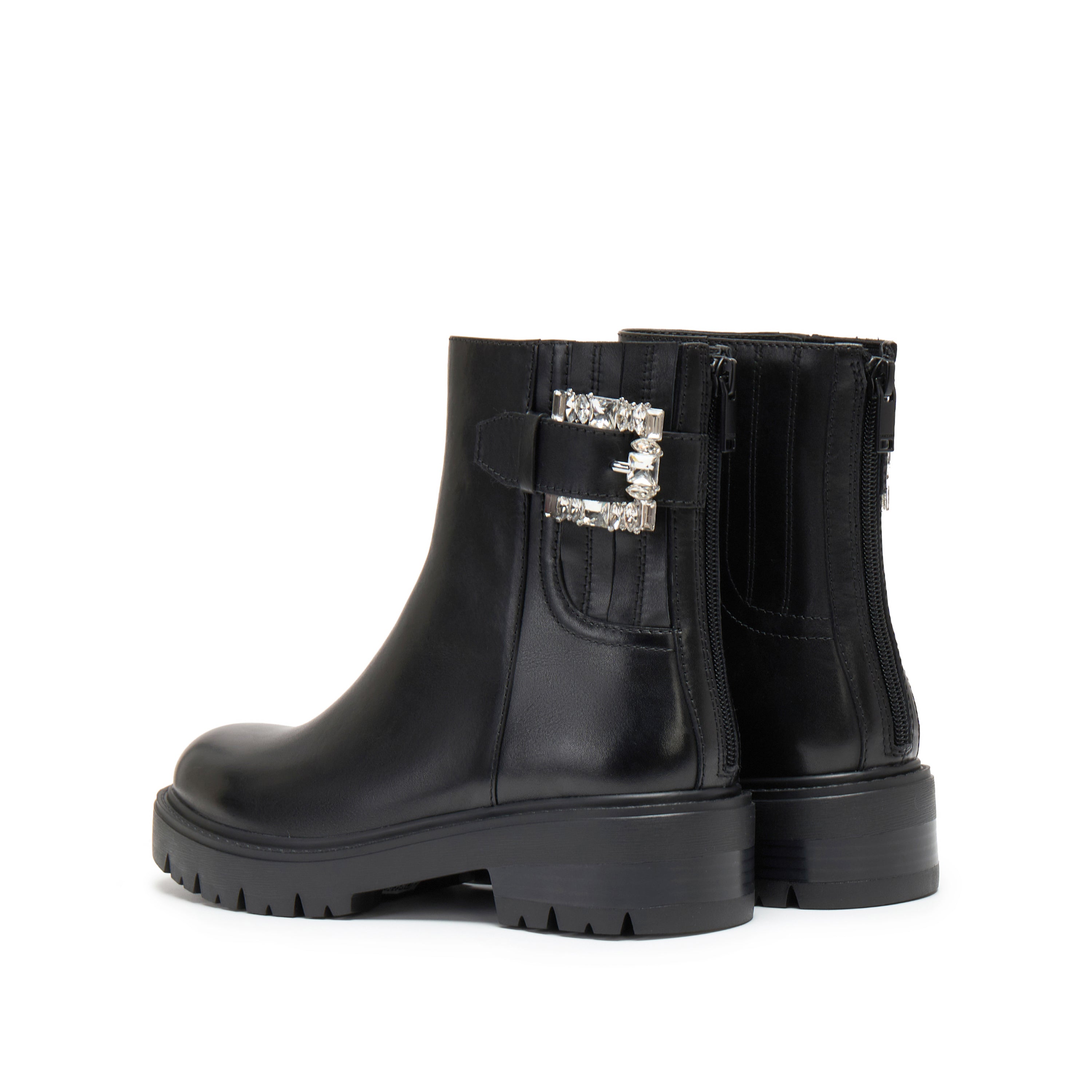 Black Leather Crystal Buckle Lug Sole Ankle Boots