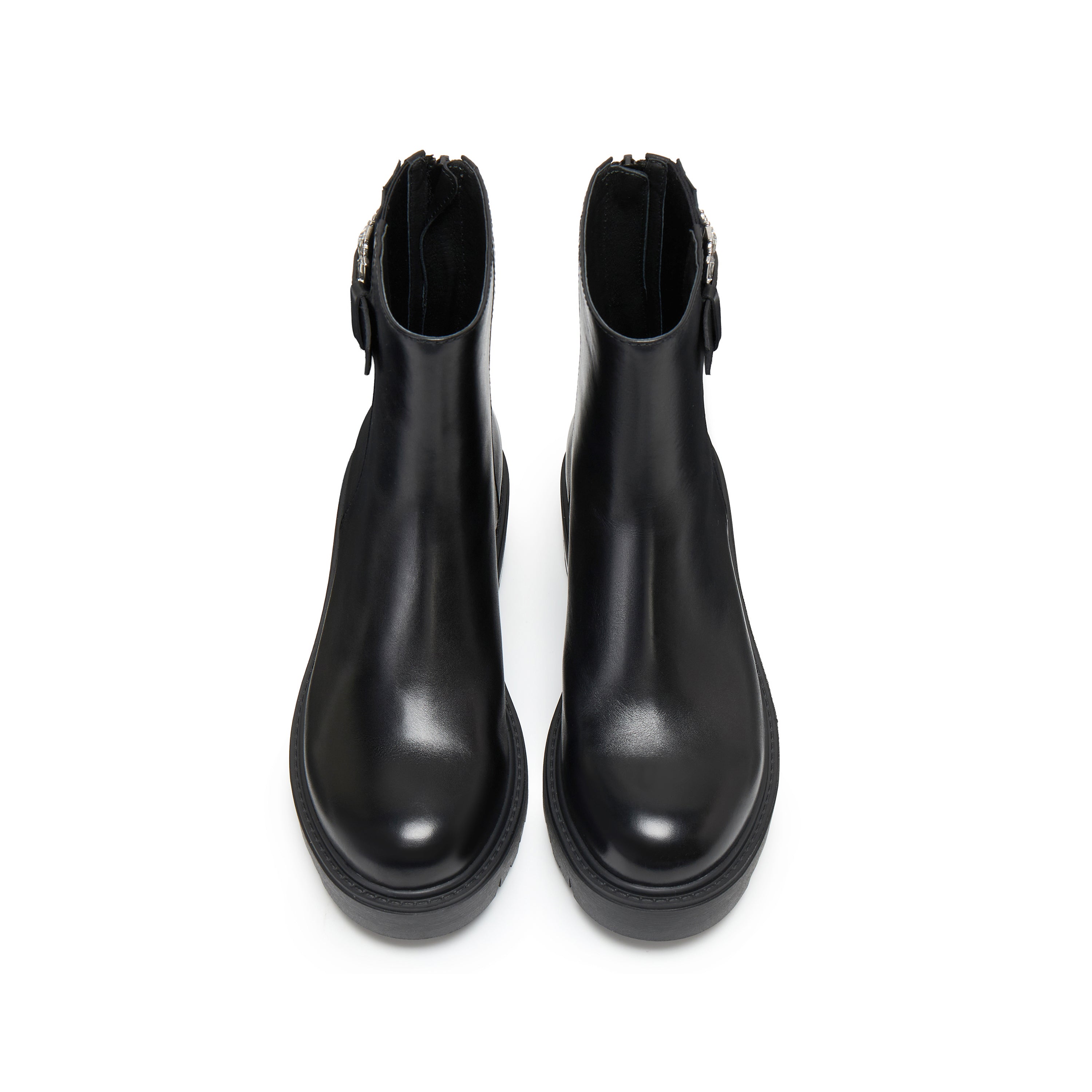Black Leather Crystal Buckle Lug Sole Ankle Boots