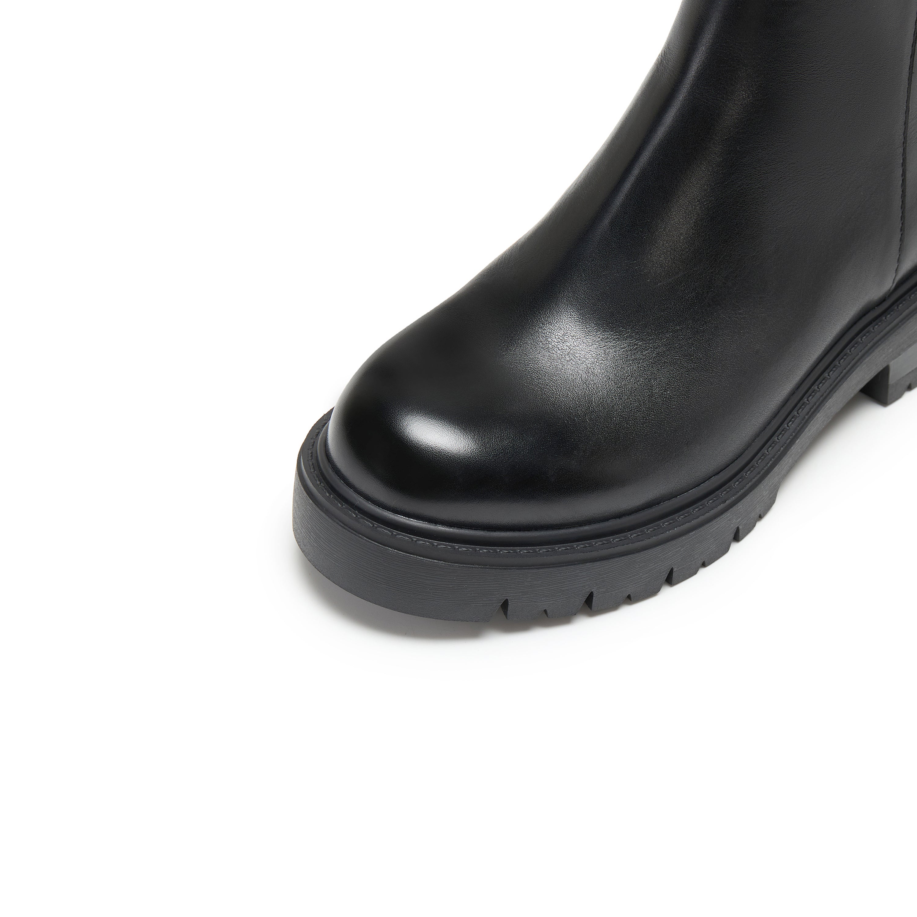 Black Leather Crystal Buckle Lug Sole Ankle Boots