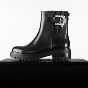 Black Leather Crystal Buckle Lug Sole Ankle Boots