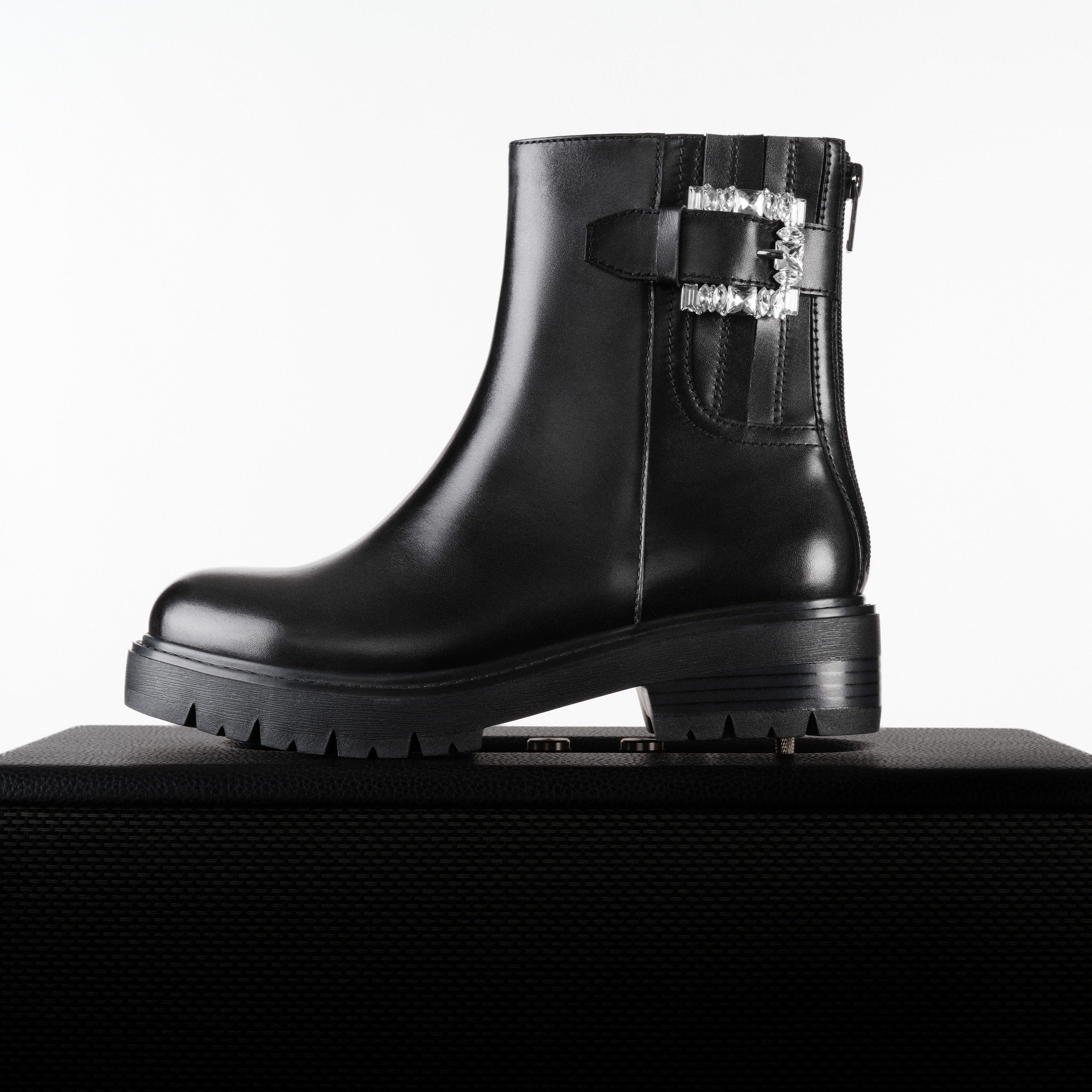 Black Leather Crystal Buckle Lug Sole Ankle Boots