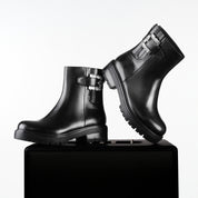 Black Leather Crystal Buckle Lug Sole Ankle Boots