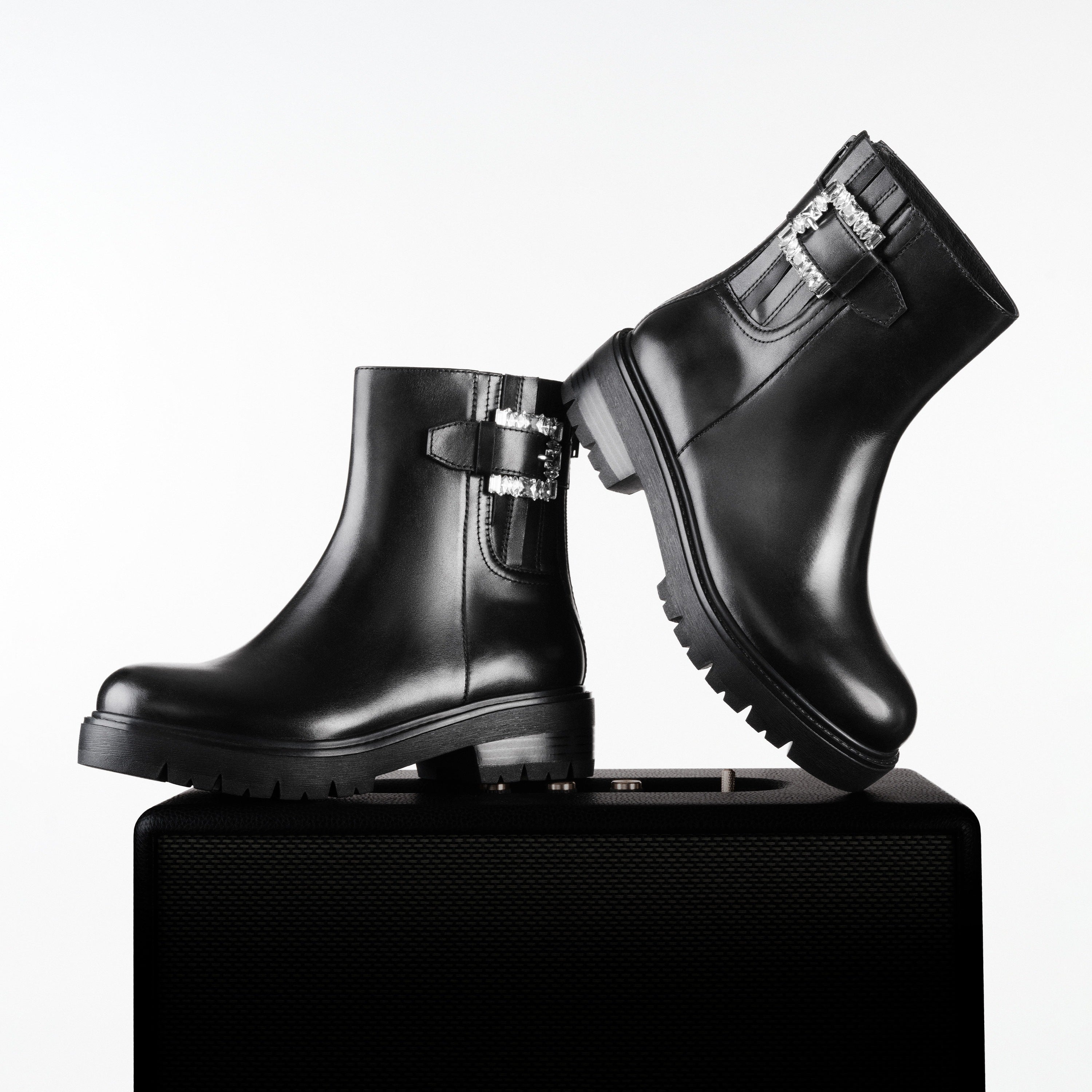 Black Leather Crystal Buckle Lug Sole Ankle Boots