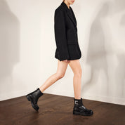 Black Leather Crystal Buckle Lug Sole Ankle Boots