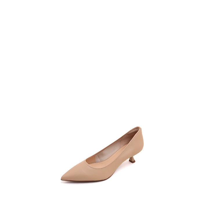 Taupe Comfy Pointy Leather Kitten Heel Pumps
