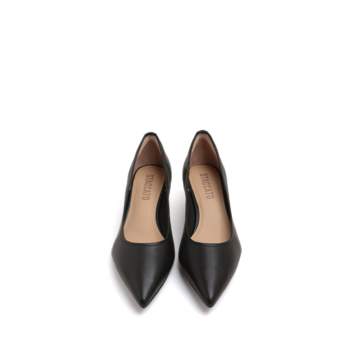 Black Comfy Pointy Leather Kitten Heel Pumps