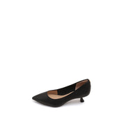 Black Comfy Pointy Leather Kitten Heel Pumps