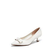 Beige Leather Medal Buckle Kitten Heel Pumps