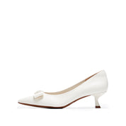 Beige Leather Medal Buckle Kitten Heel Pumps