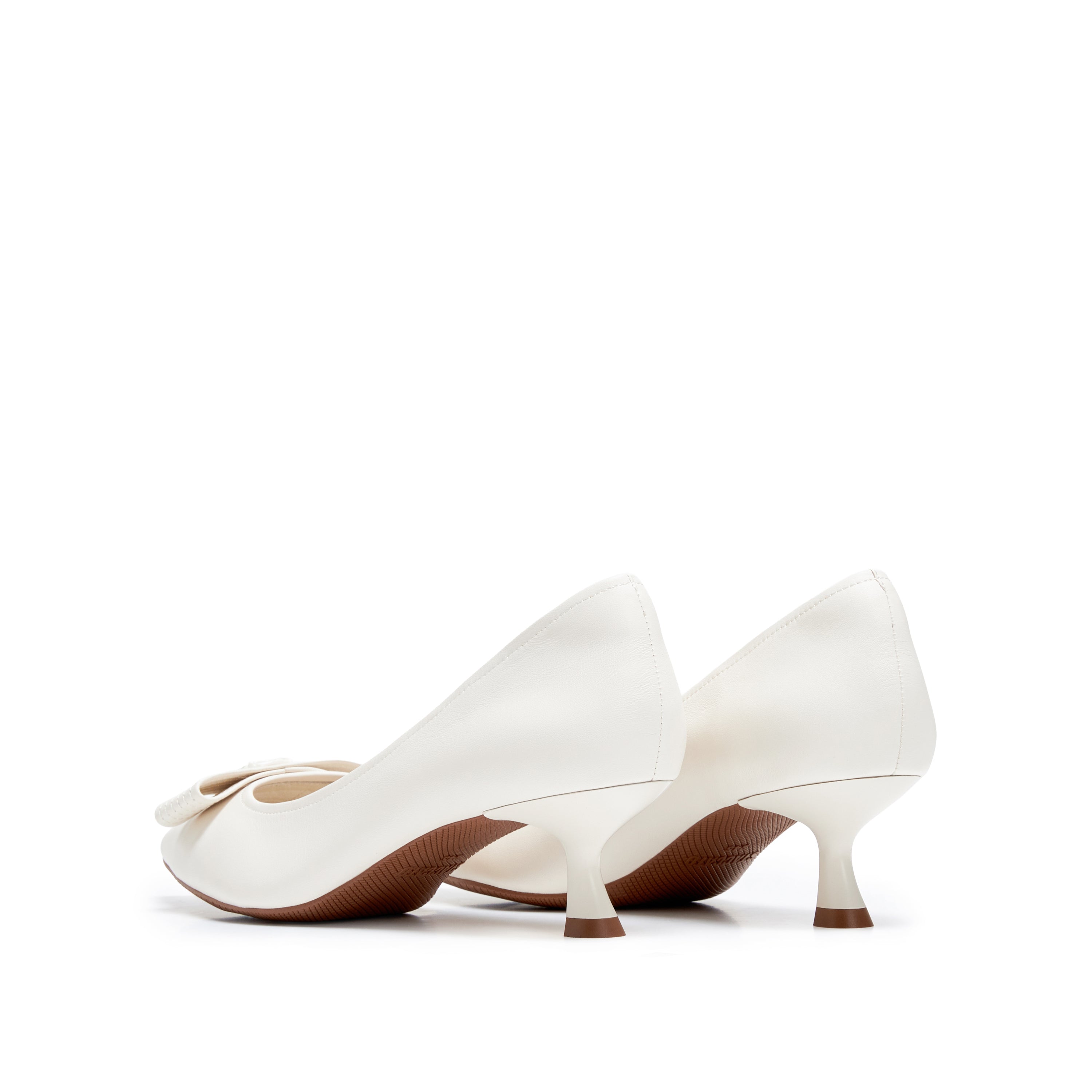Beige Leather Medal Buckle Kitten Heel Pumps