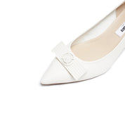 Beige Leather Medal Buckle Kitten Heel Pumps
