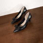 Beige Leather Medal Buckle Kitten Heel Pumps