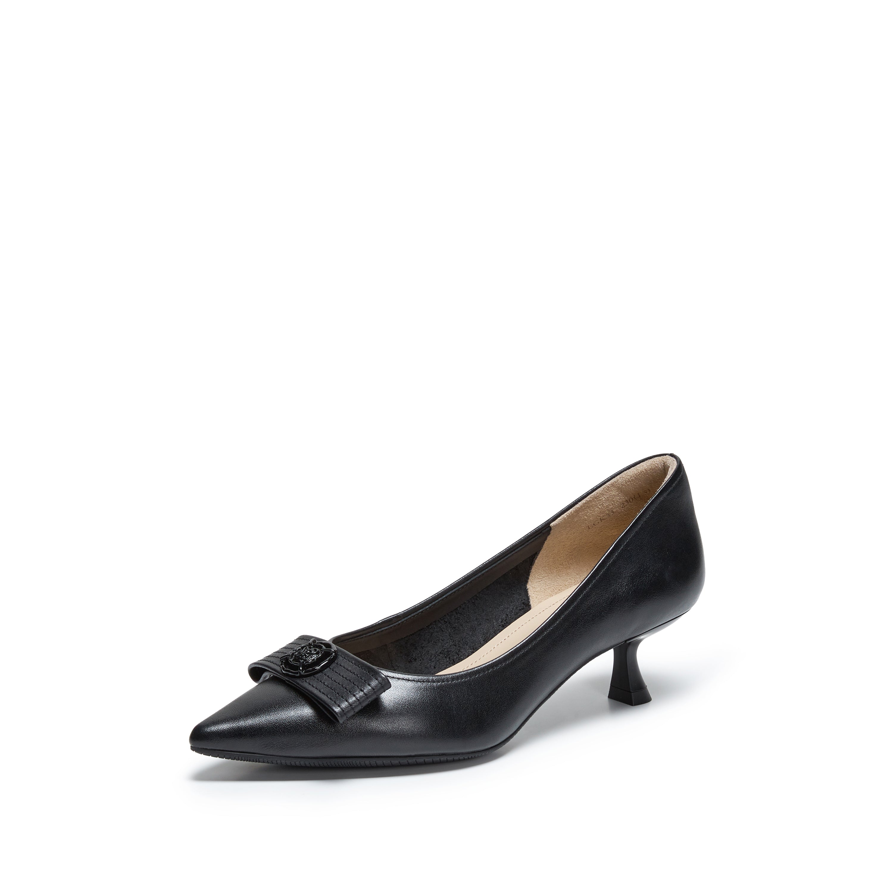 Black Leather Medal Buckle Kitten Heel Pumps