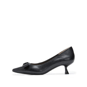 Black Leather Medal Buckle Kitten Heel Pumps