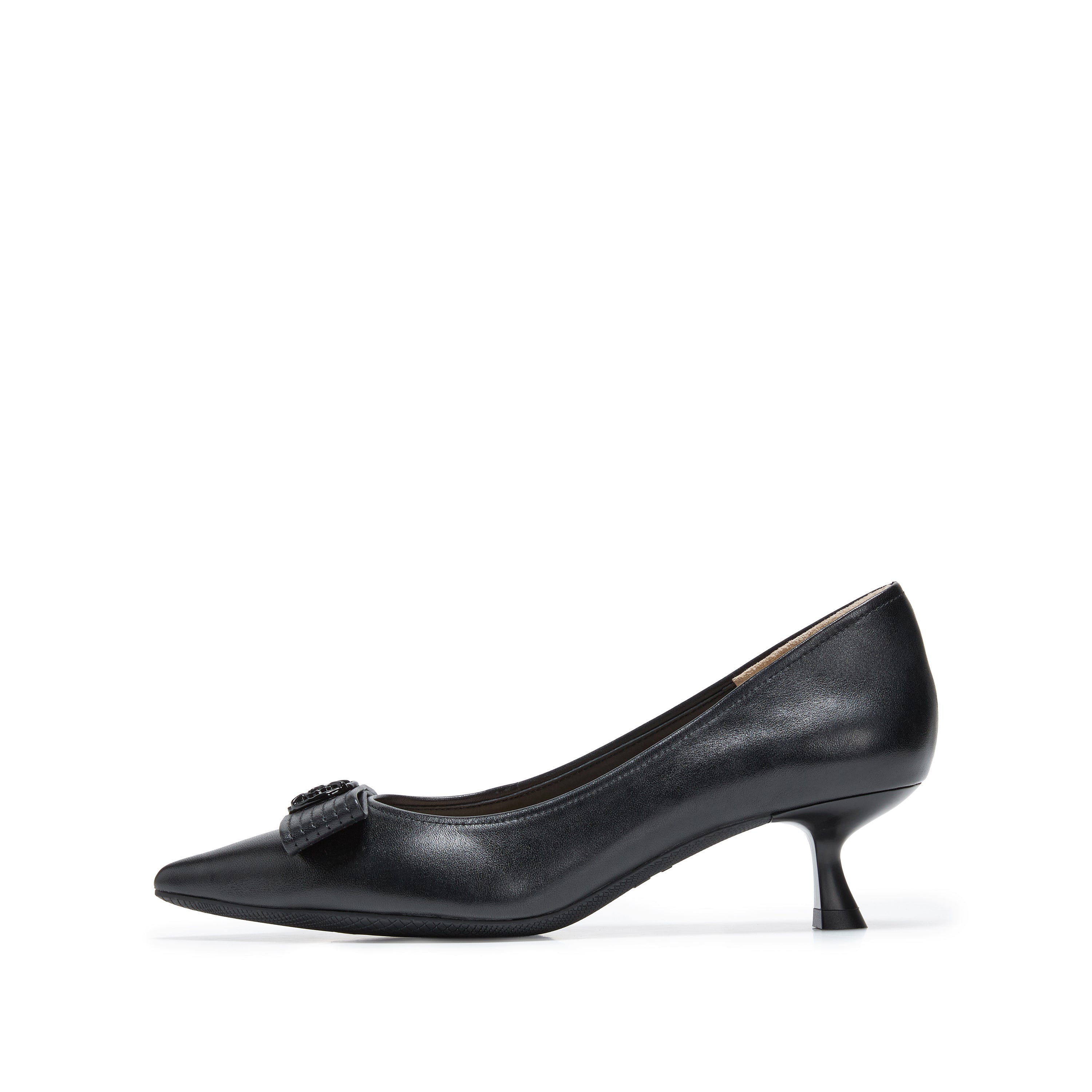 Black Leather Medal Buckle Kitten Heel Pumps