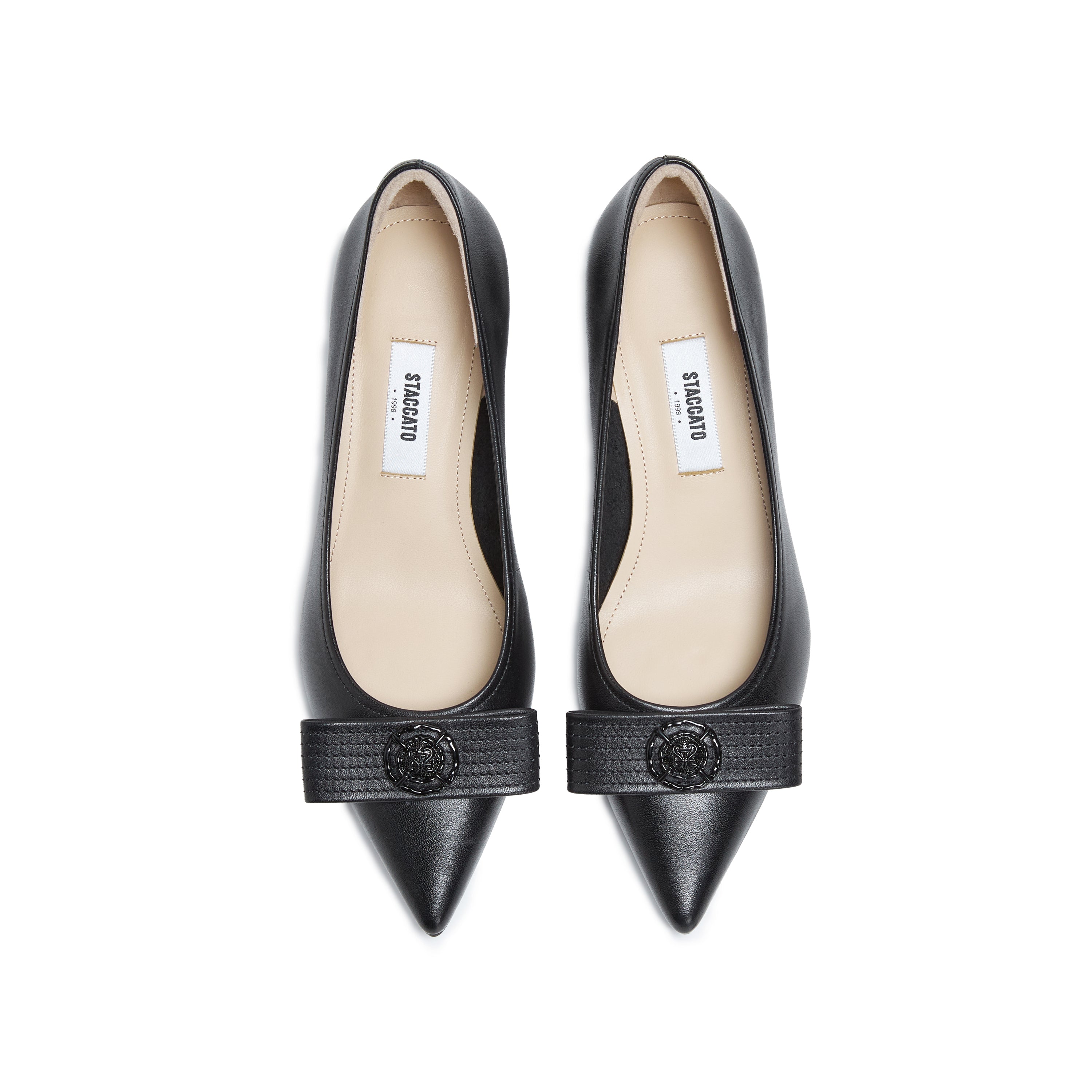 Black Leather Medal Buckle Kitten Heel Pumps