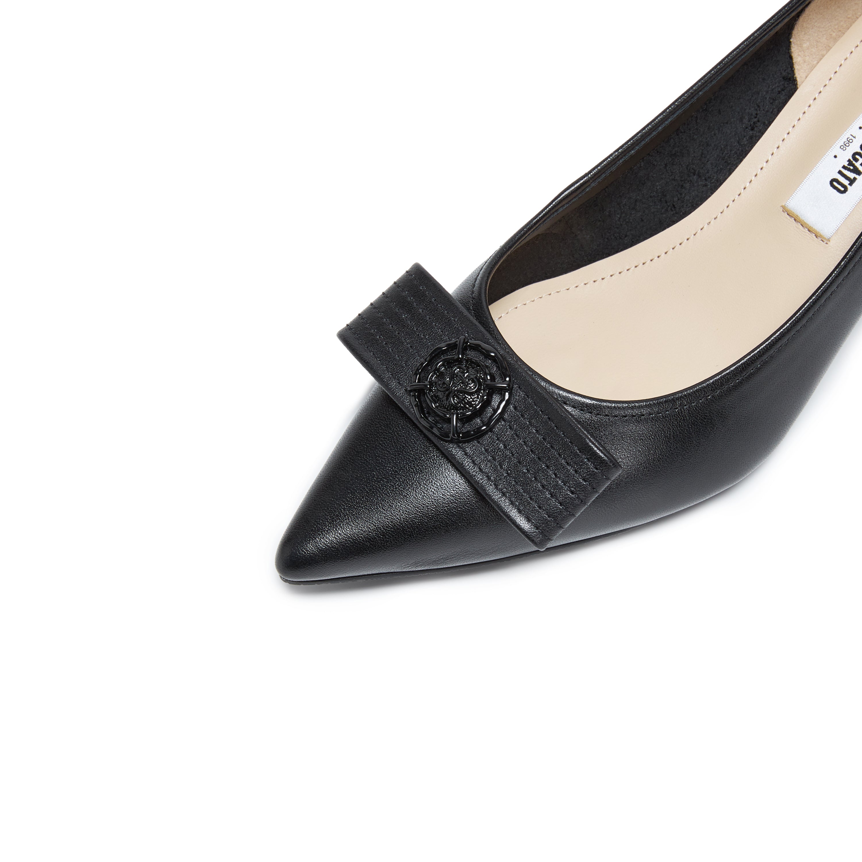 Black Leather Medal Buckle Kitten Heel Pumps