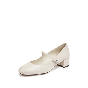 Beige Embossed Heeled Crystal Mary Jane