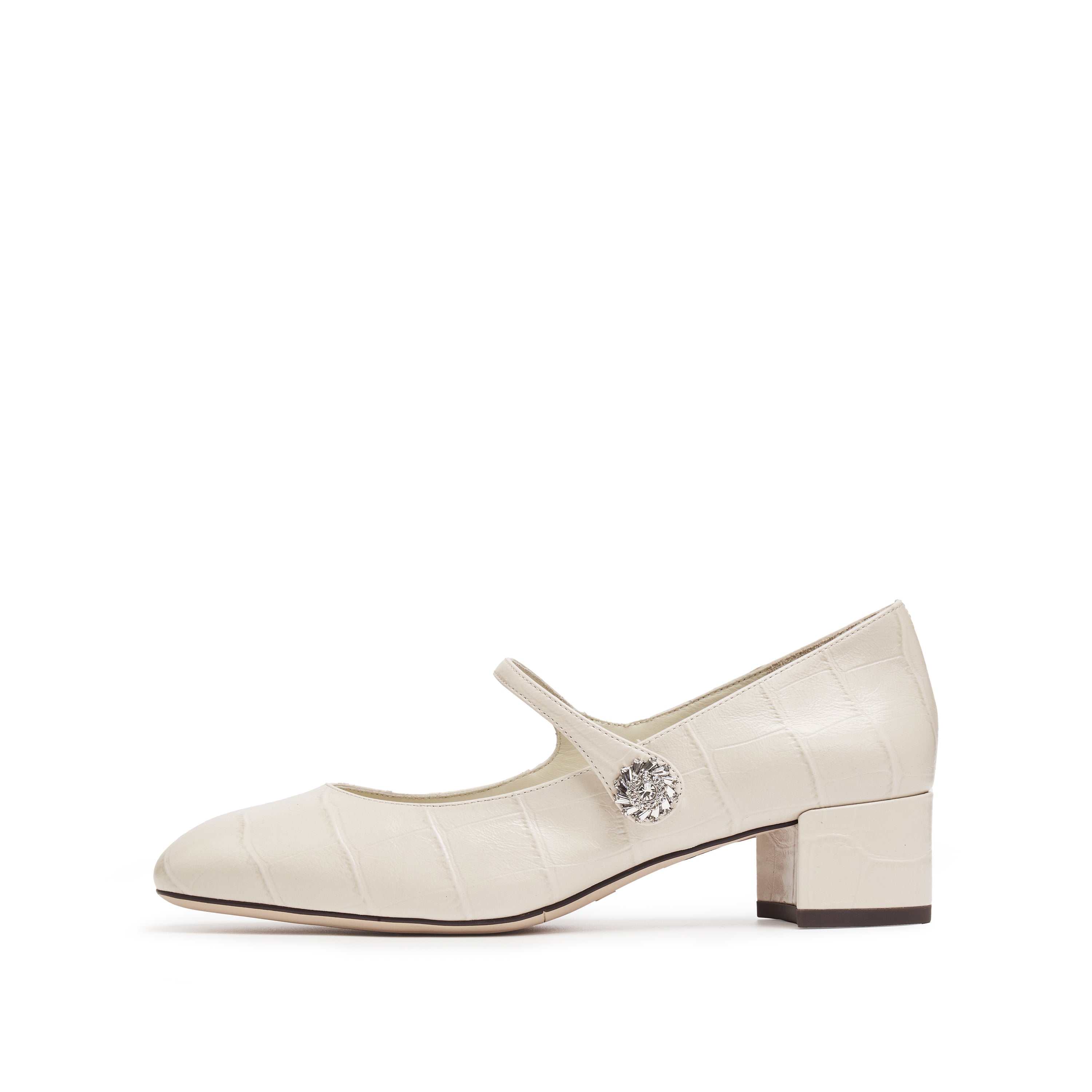 Beige Embossed Heeled Crystal Mary Jane