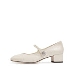 Load image into Gallery viewer, Beige Embossed Heeled Crystal Mary Jane
