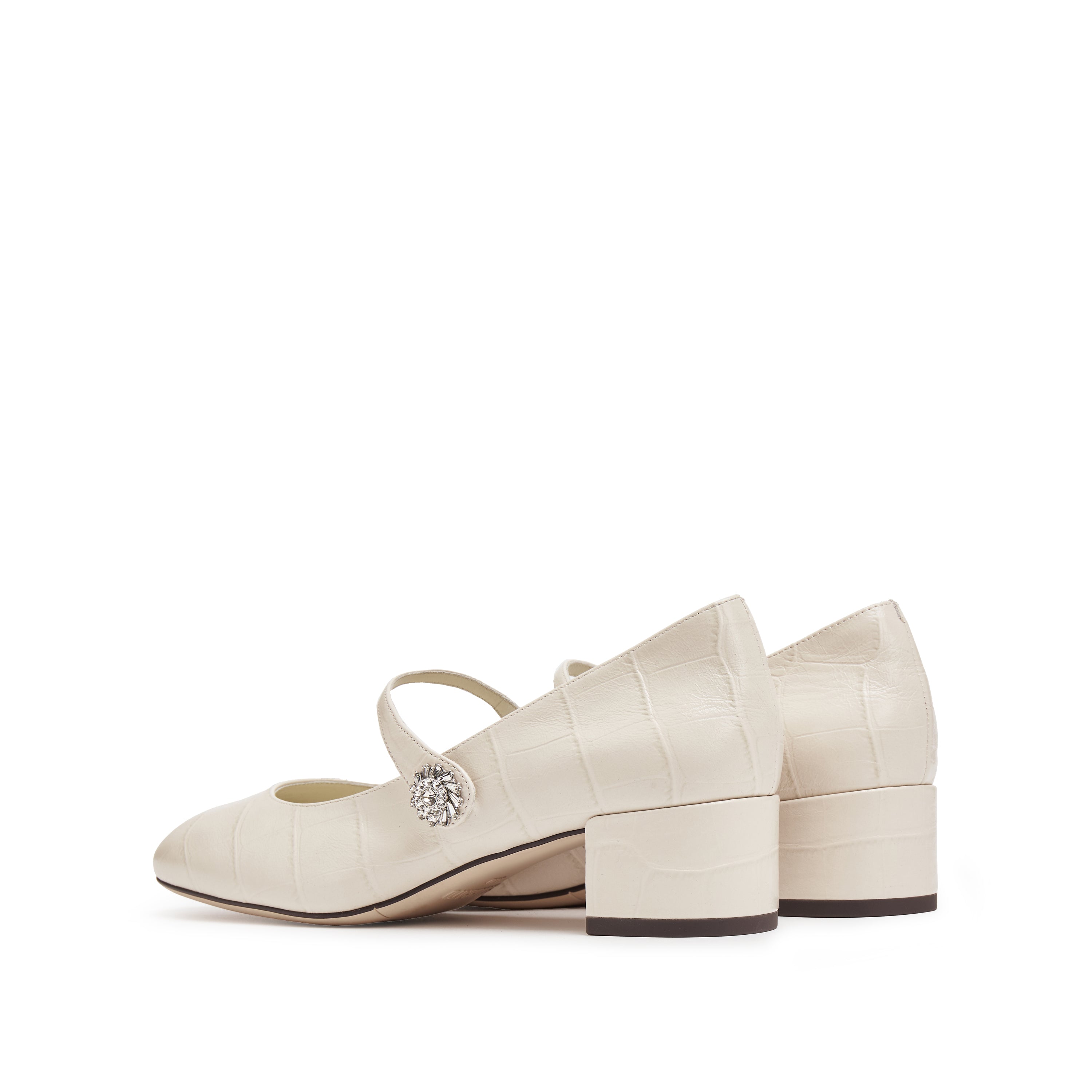 Beige Embossed Heeled Crystal Mary Jane