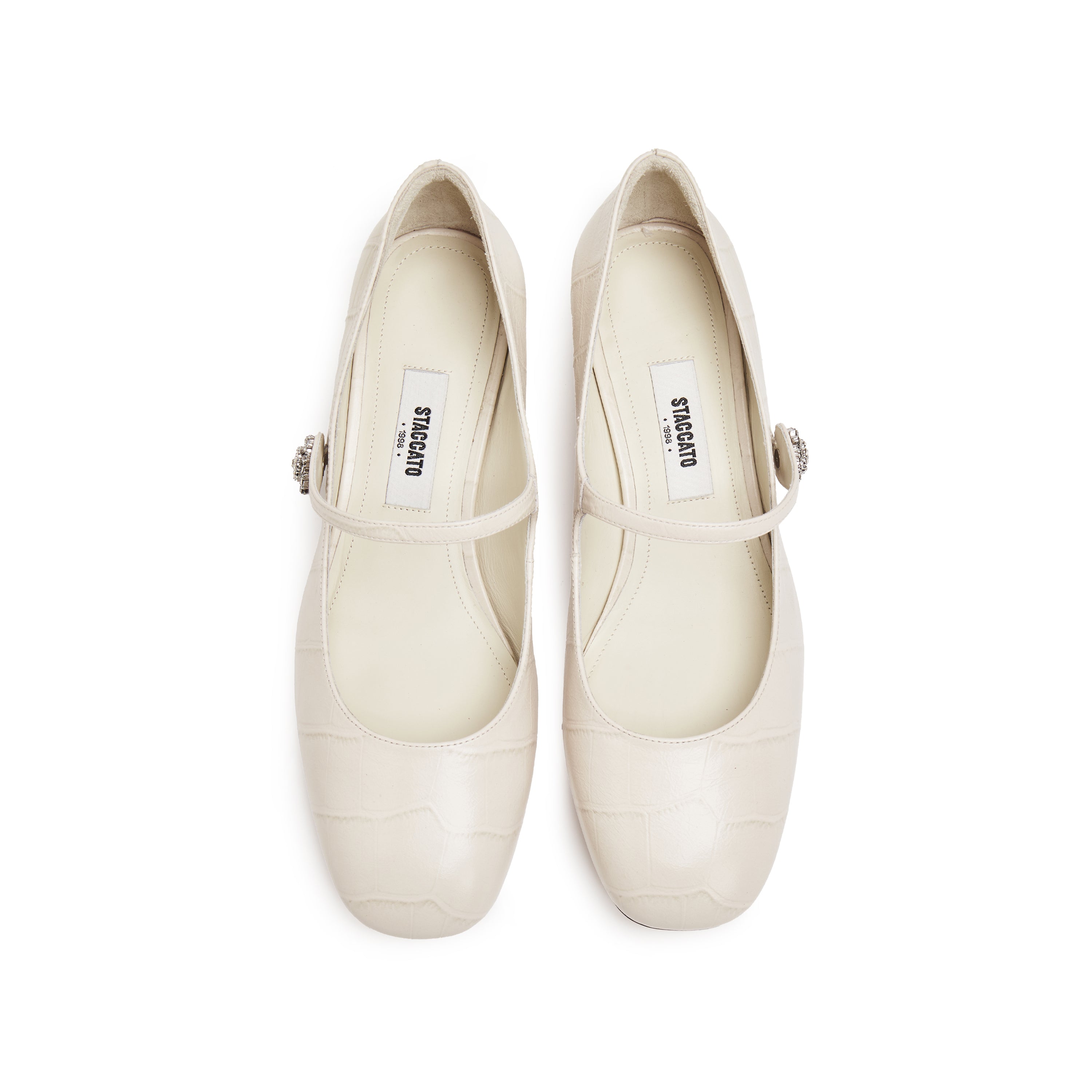 Beige Embossed Heeled Crystal Mary Jane