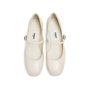 Beige Embossed Heeled Crystal Mary Jane